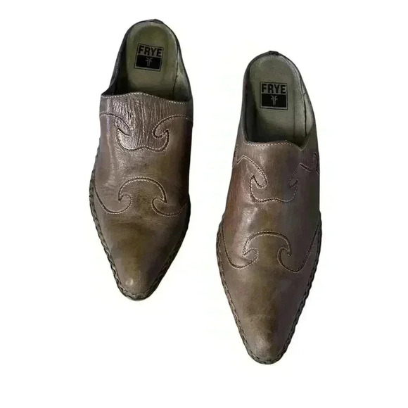 Frye Phoenix Light Tan Leather Slip On Mule Clog Stacked Heel Size 9.5M Shoe - Picture 2 of 11